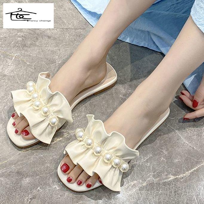 Dép Sandal Đế Bằng Quai Ren Đính Ngọc Trai Thời Trang