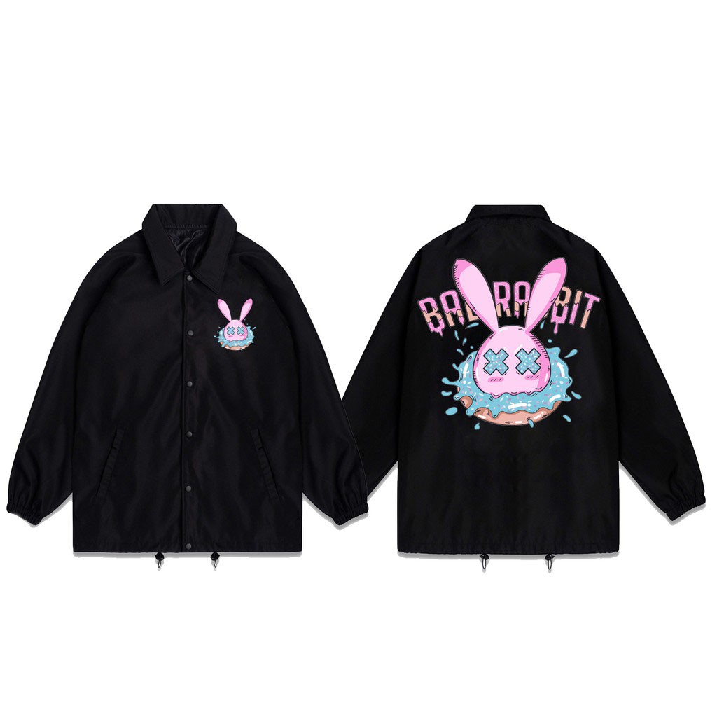 ÁO KHOÁC DÙ TRƠN NÚT BẤM/ ÁO JACKET ĐEN IN HÌNH THỎ RABBIT UNISEX NAM NỮ LOCAL BRAND,HÀNG VNXK 2 LỚP CHÓNG NẮNG MỀM MÁT.