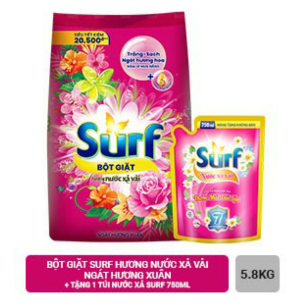 [Mã SPPNOV1121A giảm 10K đơn 0Đ] Bột giặt Surf Ngát Hương Xuân 5.8 kg Tặng 1 túi xã 700ml