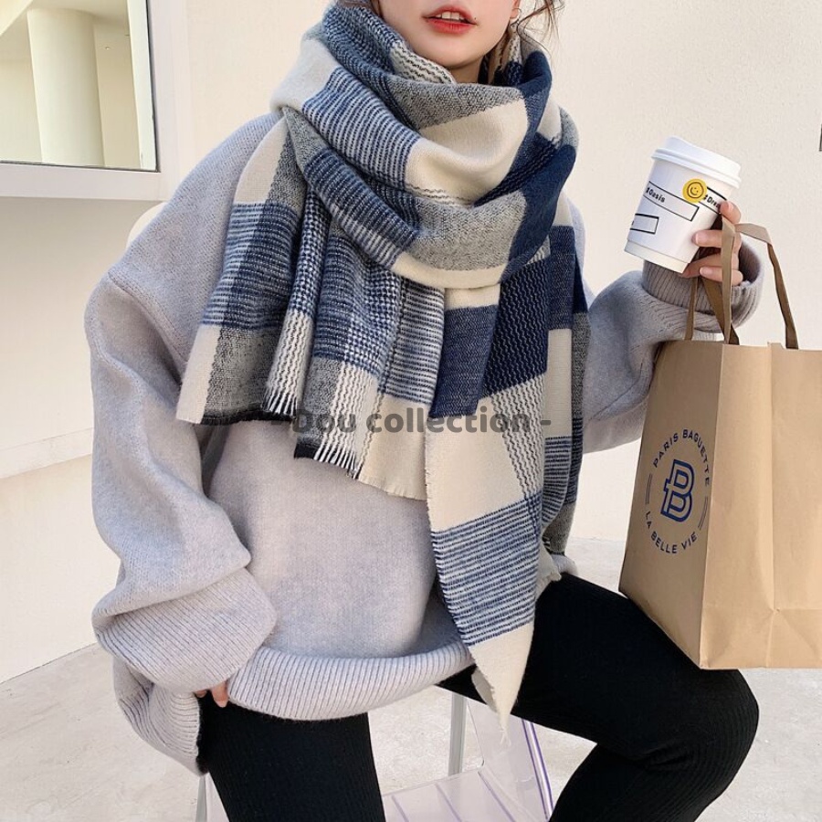 Khăn choàng cổ len cashmere kích thước 70x200cm hoạ tiết caro giữ ấm thời trang thu đông LN021 màu xanh be