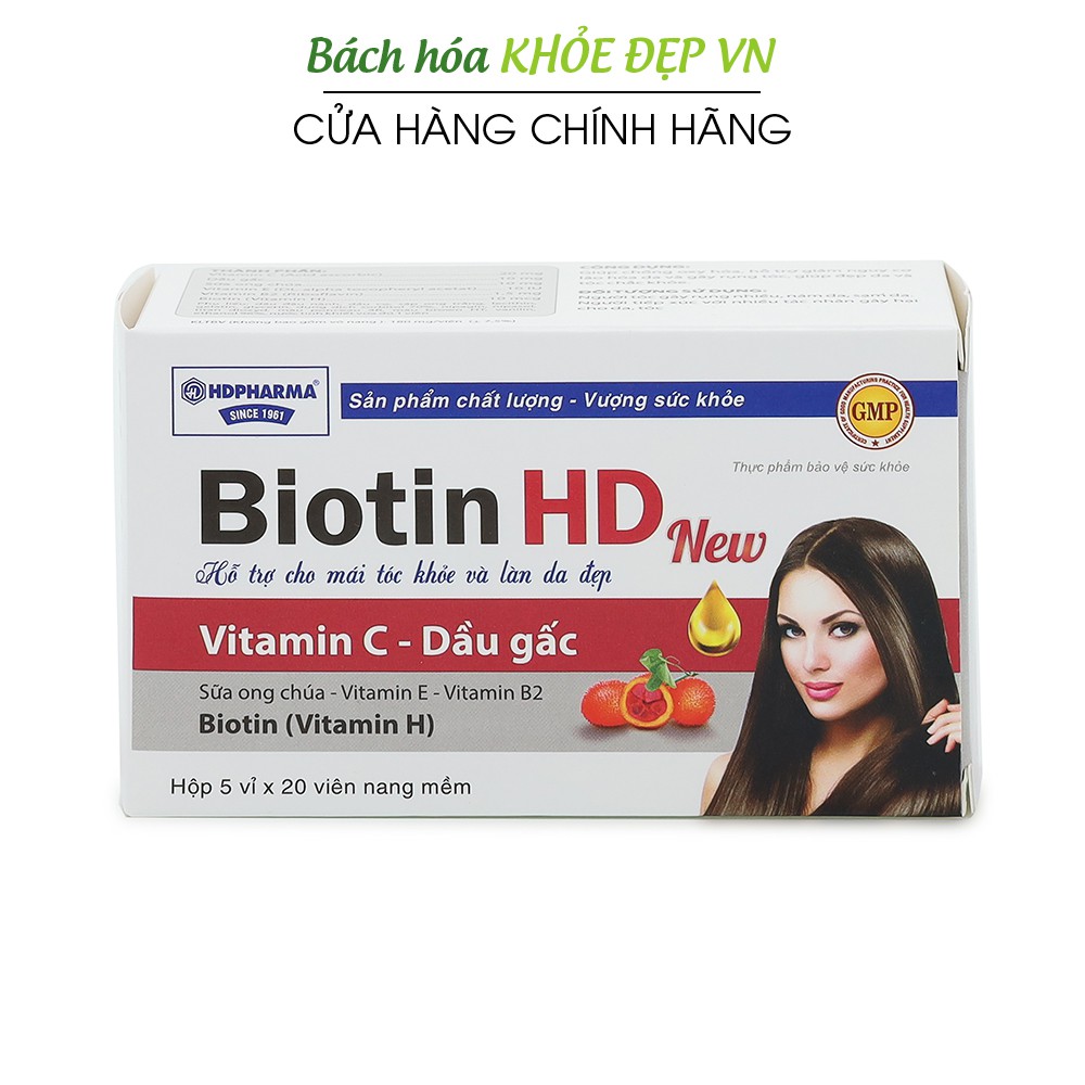 Viên uống Biotin, dầu gấc, sữa ong chúa cho mái tóc khỏe và làn da sáng - 100 viên [Biotin HD New Đỏ]