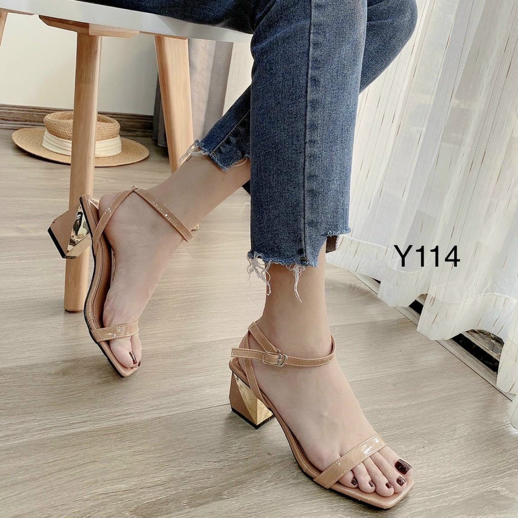 Sandal da bóng gót trụ vuông kẻ chéo mạ - 4P