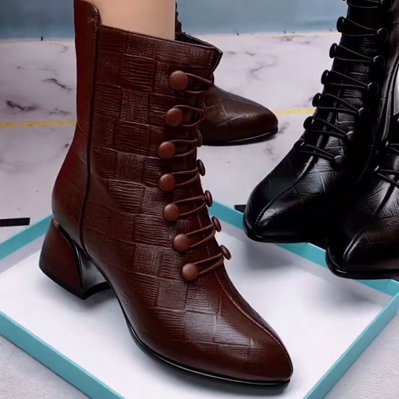 ☁Giày Martin boot nữ mùa thu phong cách mới 2020 đông cộng với nhung cao cổ gót ngắn mũi nhọn da ống giữa thời tran *