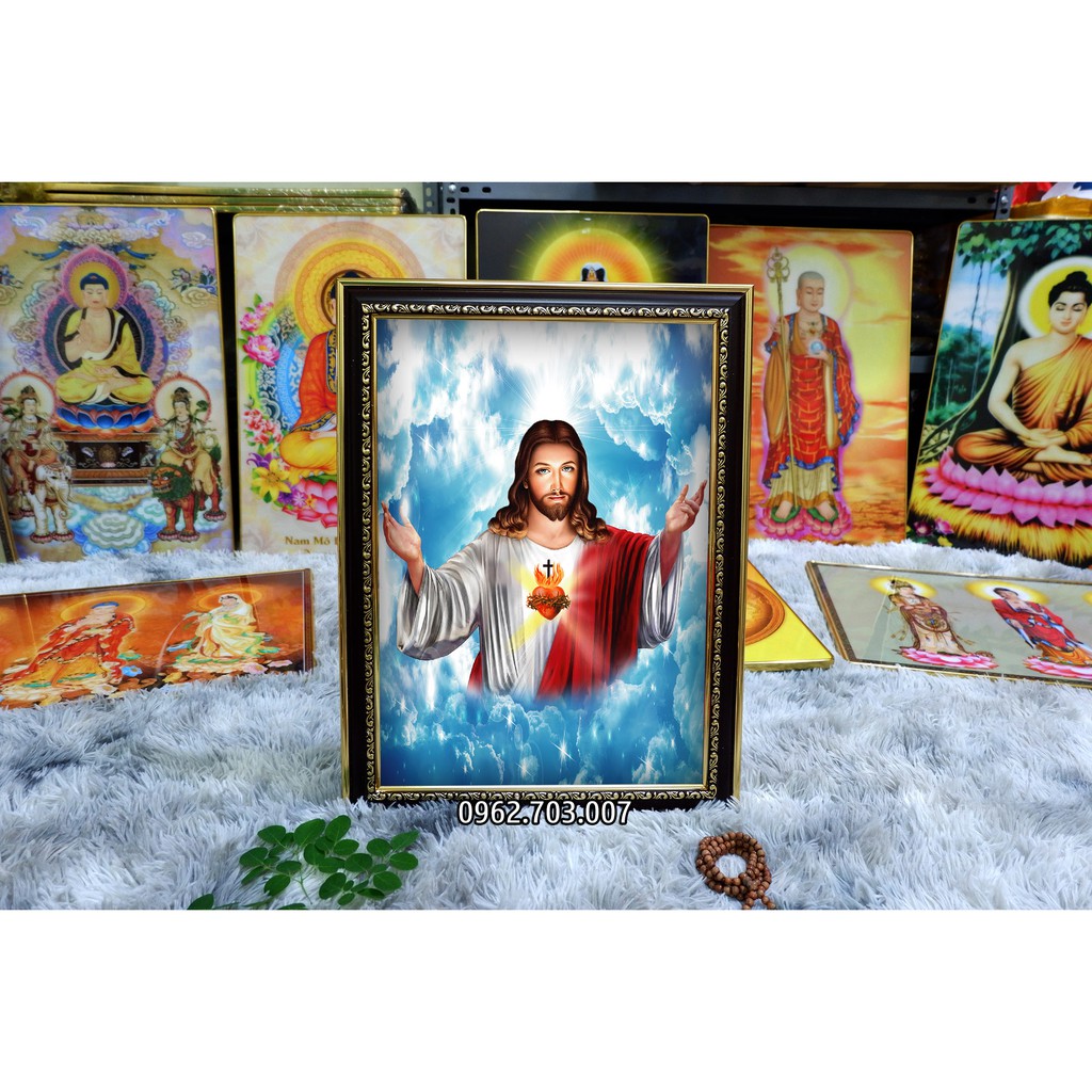 Tranh công giáo chúa Jesus và bầu trời bằng vải phủ bóng khung composite xịn xò 36x48cm