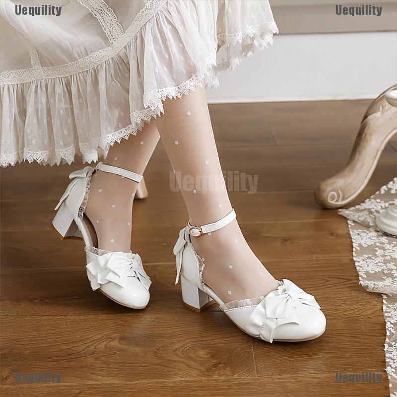 [Uequility] Womens Mary Jane Pumps Sweet Bowknot Lace Lolita Princess Shoes Bridal Dress Sho