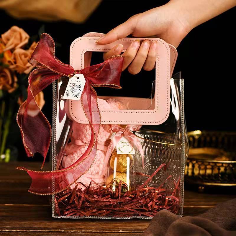 [Quai Hồng - Nhựa Siêu Dày] Túi Nhựa Trong Suốt Dé Store Có Quai Cầm Bằng Da Phong Cách Hàn Quốc