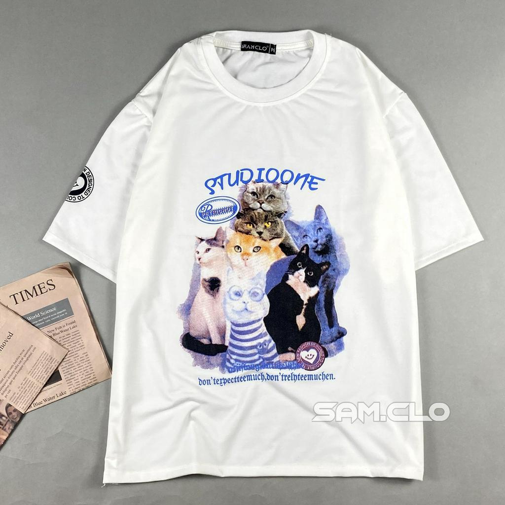 Áo phông tay lỡ nam nữ SAM CLO thun form rộng dáng Unisex - mặc cặp, nhóm, lớp in ĐÀN MÈO STUDIO