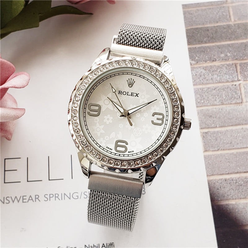 Đồng hồ nữ Rolex mặt tròn đính đá máy pin, dây hợp kim chống gỉ DHN605 Shop404