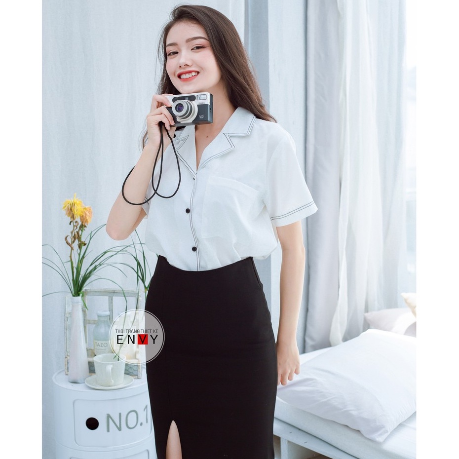 Áo Sơ Mi Tay Ngắn Nữ Cổ Vest Viền ENVY S0579