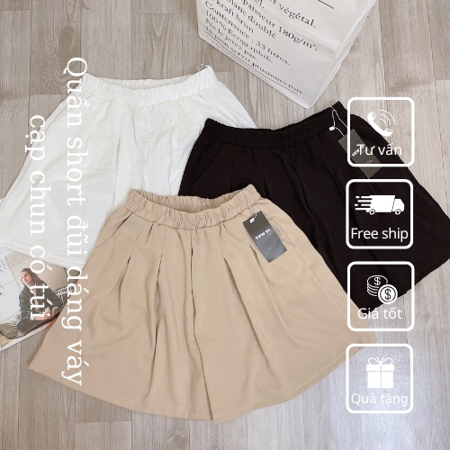 Quần short nữ dáng váy cạp chun co giãn có túi quần đùi nữ dáng xòe chân váy chất vải đũi