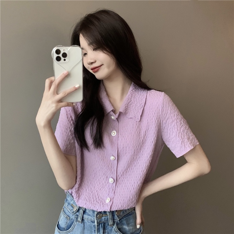 Áo Sơ Mi Tay Ngắn Cổ Bẻ Đính Nút Ngọc Trai Phong Cách Mới 52279