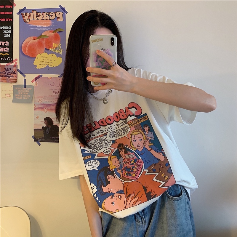 SUXI Áo Thun Tay Ngắn Cổ Tròn Form Rộng In Họa Tiết Nhân Vật Đơn Giản Thời Trang Mùa Hè Cho Nữ