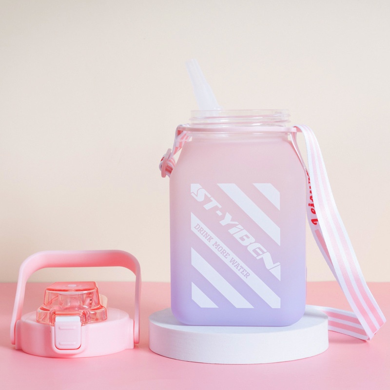 Bình nước vuông 1500ml có quai đeo và ống hút tặng kèm sticker 3D (BN15L)