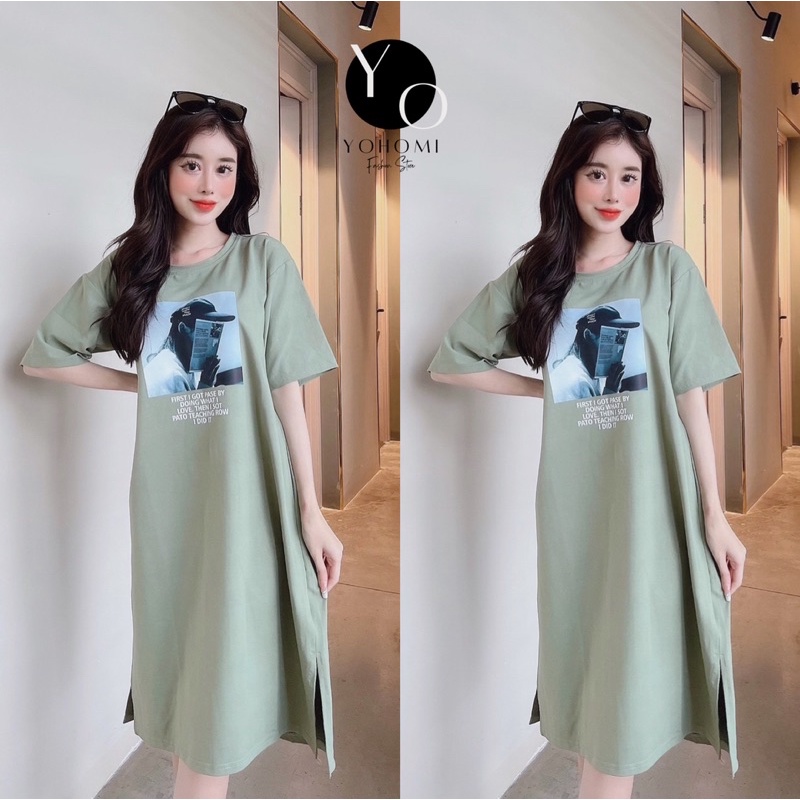 Đầm thun suông bigsize cho nữ tay lỡ cổ tròn xẻ tà form từ 50-75kg nhiều màu