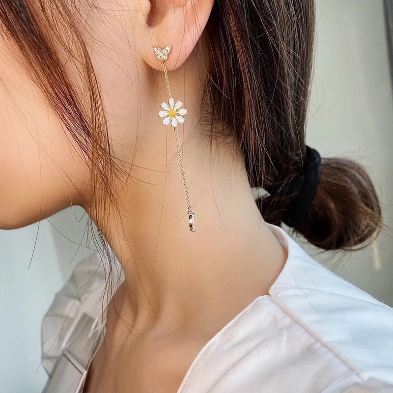 1 Đôi Bông Tai Dáng Dài Họa Tiết Hoa Cúc Thời Trang Ngọt Ngào Cho Nữ