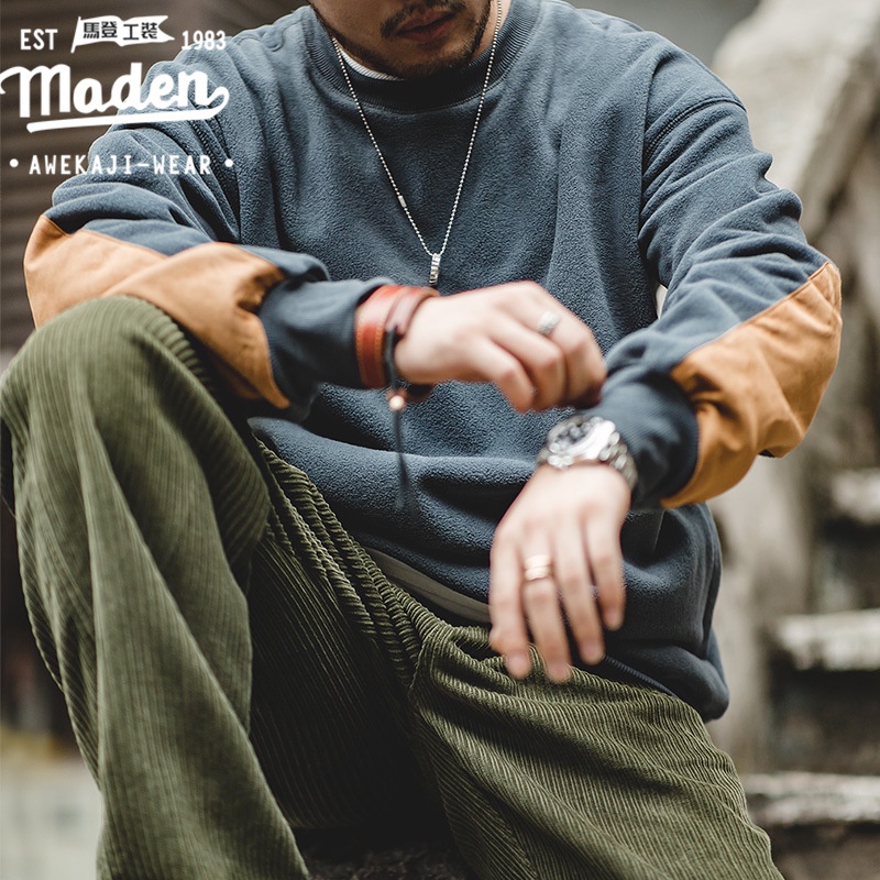 Áo sweatshirt MADEN phối lông cừu dáng rộng giữ ấm tay ráp ghép nối phong cách hip hop thời trang trẻ trung cho nam