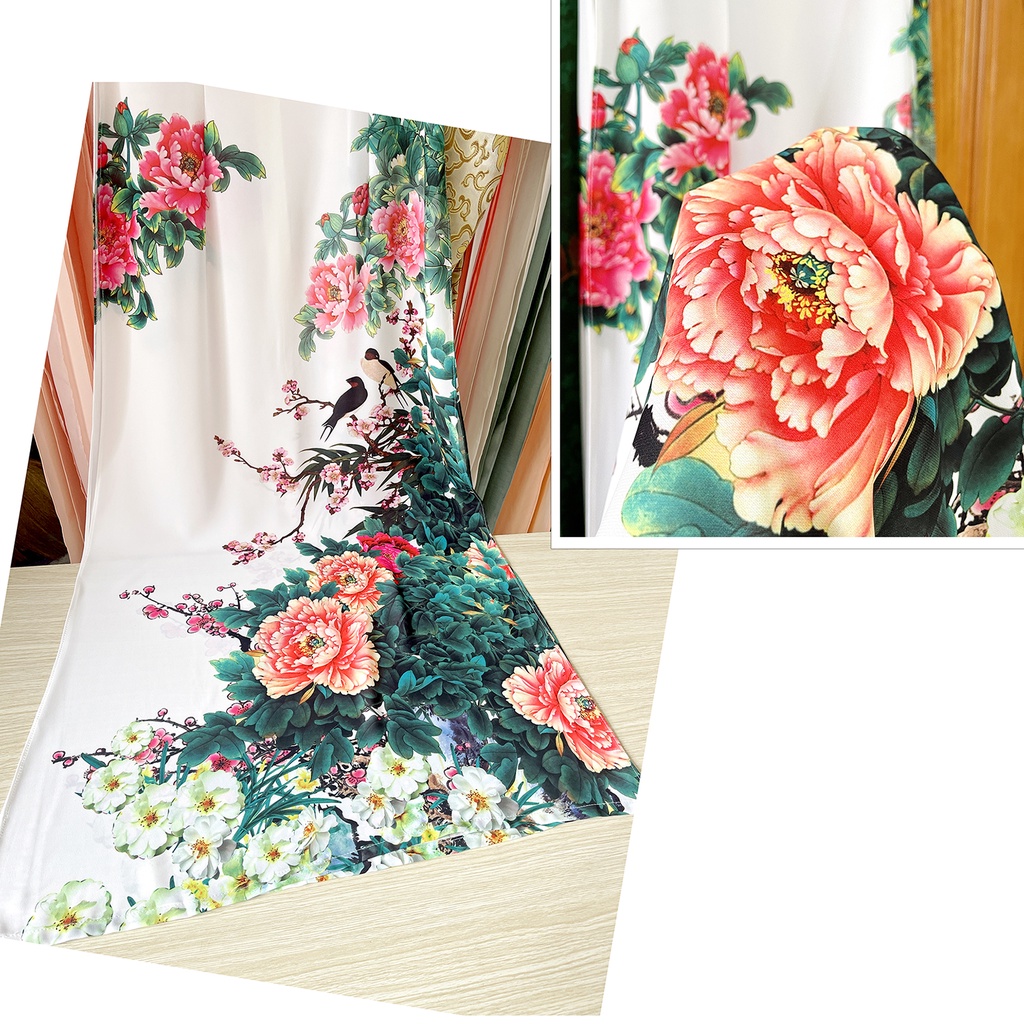 Áo dài lụa trắng in họa tiết hoa nhí lá nhí tím - Áo tay bồng tay phồng In hoa mẫu đơn