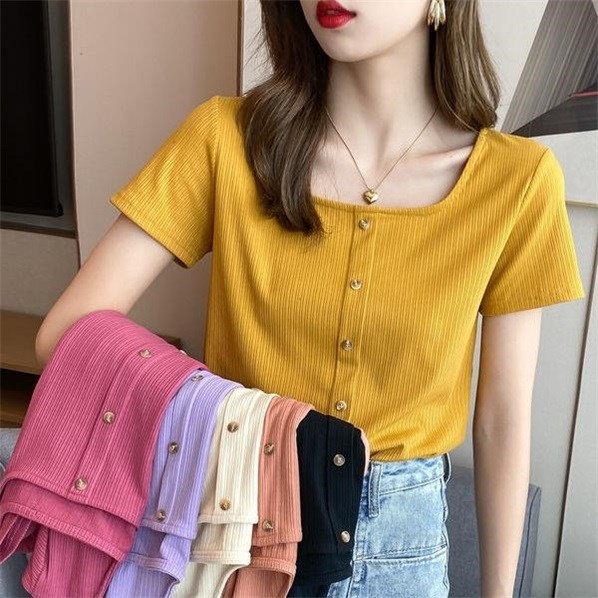 Áo Thun Ngắn Tay Cổ Vuông Phong Cách Retro Thời Trang Mùa Hè Mới Dành Cho Nữ