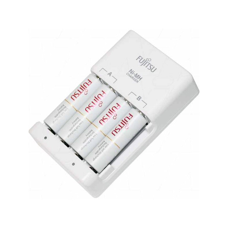 Bộ box sạc kèm 4 pin AA Fujitsu HR-3UTC 1900mAh hàng nội địa box Nhật - made in JAPAN (trắng)
