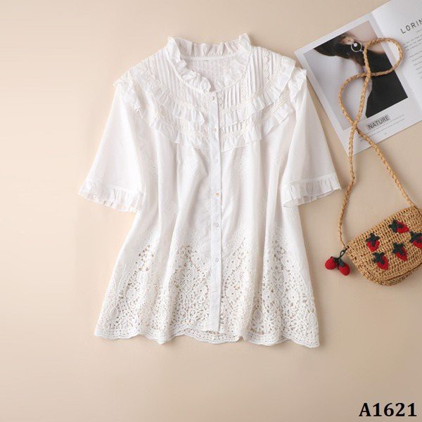 A1621 - ENDA KISUHI Áo Cotton Ren Vạt Nhún Bèo
