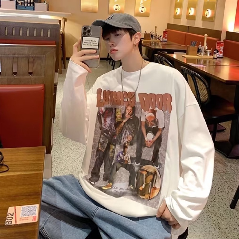 Áo Thun Tay Dài Cổ Tròn Dáng Rộng In Chữ Phong Cách Hip Hop Hàn Quốc Thời Trang Cho Nam Size M-5XL