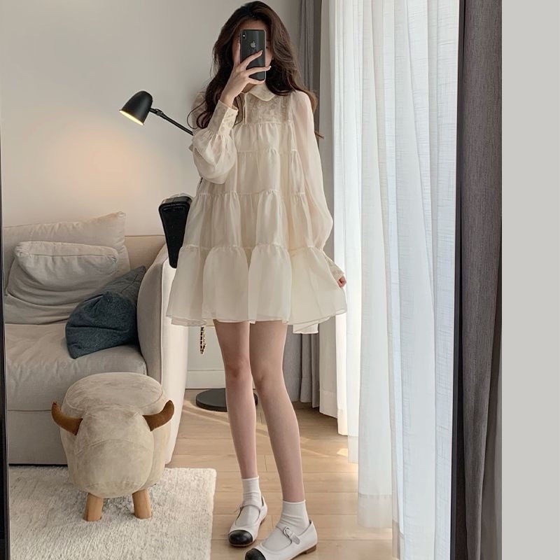 2022 spring and summer new large size slim French Hepburn chic minority design Chiffon white dress fashion