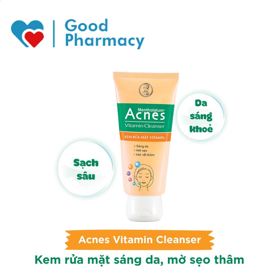 Kem rửa mặt vitamin Acnes Cleanser giúp làm sạch da, phục hồi làn da sau mụn, sáng da, mờ sẹo và giảm nhanh thâm mụn