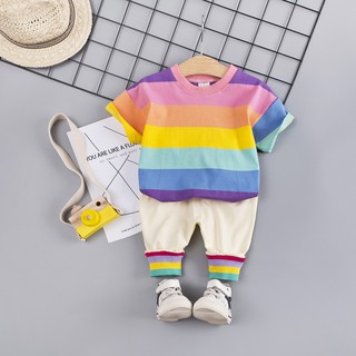 Bộ quần áo trẻ em từ 1 đến 4 tuổi chất liệu cotton Cầu vòng cho bé trai và bé gái nhỏ siêu dễ thương ADC010719