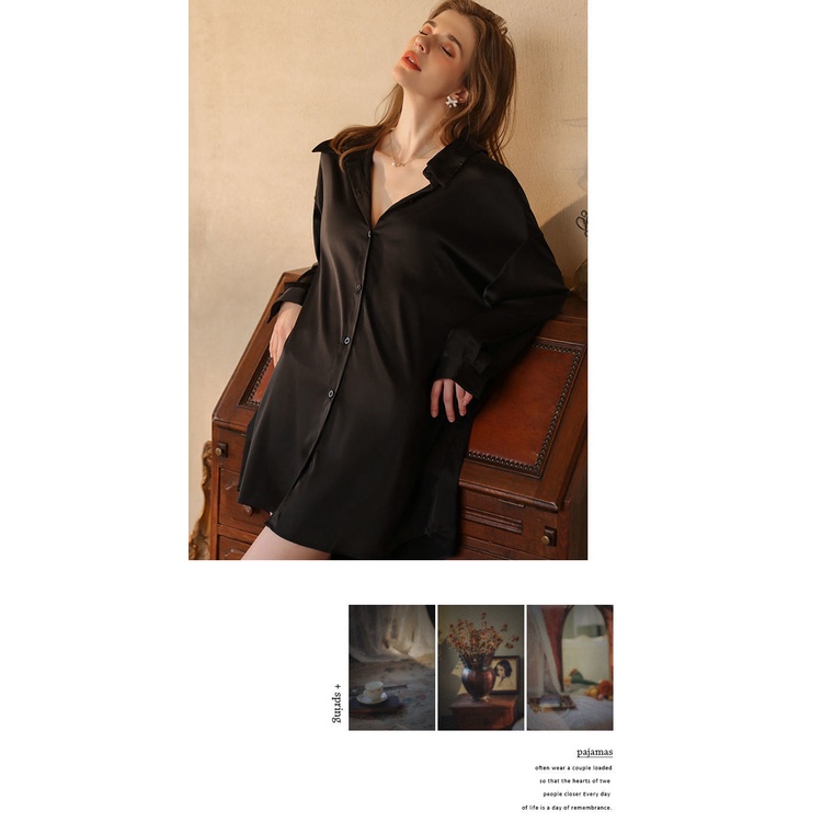 Đầm Ngủ Sơ Mi Dài Tay Thắt Nơ Lưng Gợi Cảm Cho Nữ