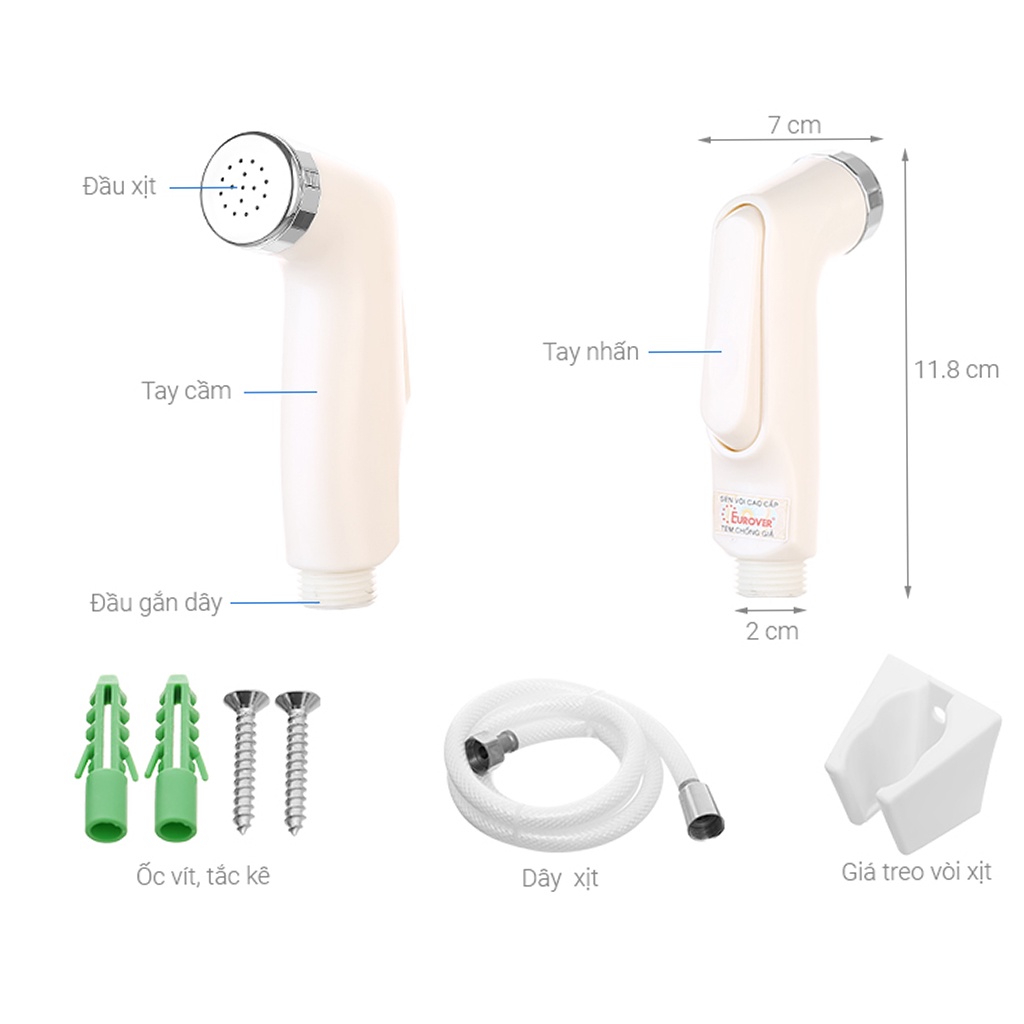 Vòi xịt vệ sinh Eurover 050X, vòi xịt toilet nhựa ABS trắng