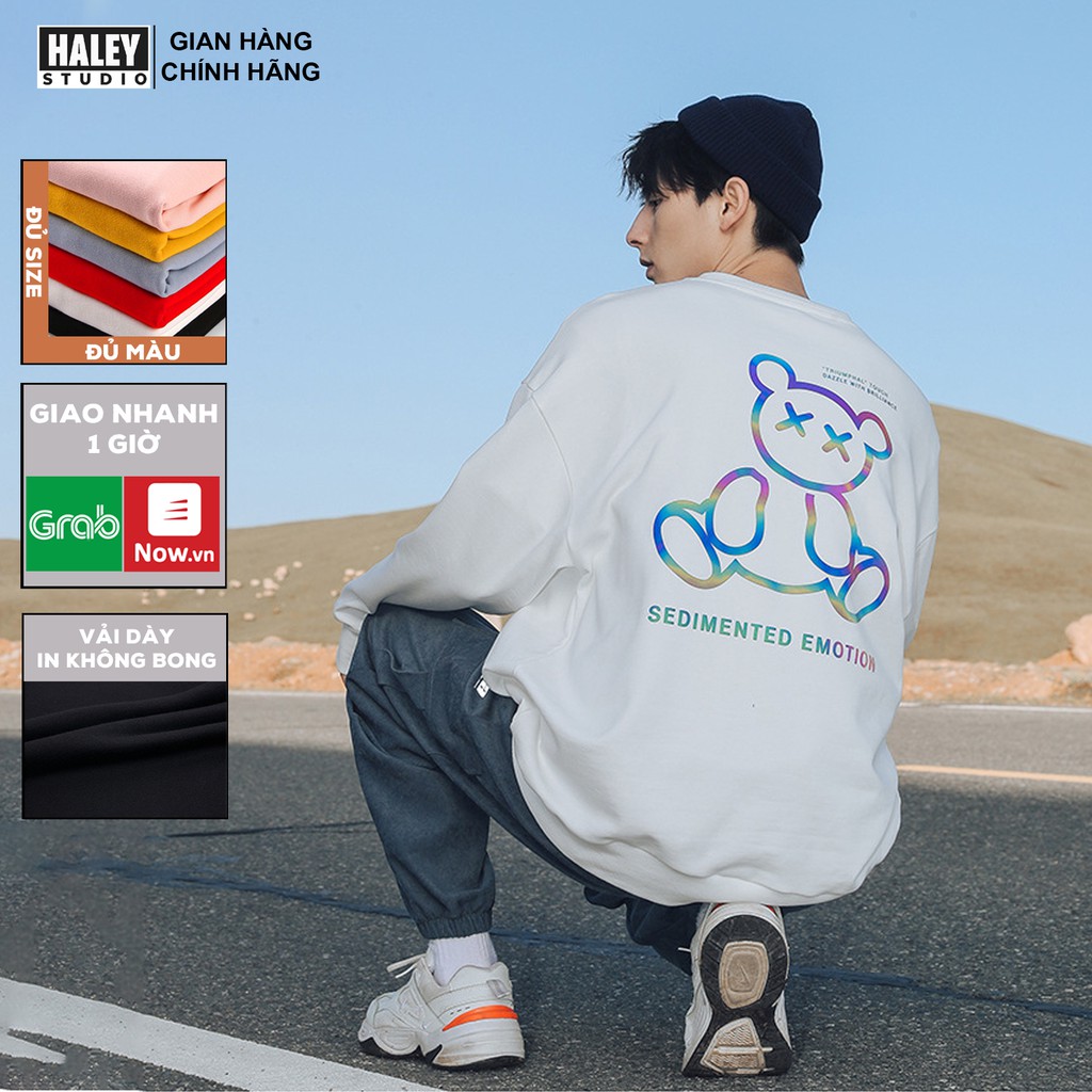 Áo Sweater Phản Quang HALEY trắng hình gấu Sedimented Unisex Form Suông Chất nỉ bồng đẹp mã HD73