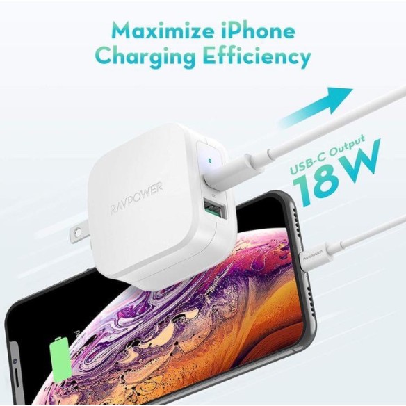 Củ Sạc Nhanh 18w 2 Cổng RAVPower RP-PC113 Usb Type C PD MFI cho iPhone iPad IP 6 7 8 Plus 10 11 12 Pro max x xs cốc cóc