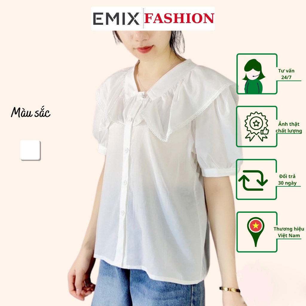 Áo sơ mi nữ họa tiết EMIX (màu trắng), ulzzang, dáng dài, form rộng, cổ V, cộc tay, tay bồng, vải lụa thô, không lộ A069