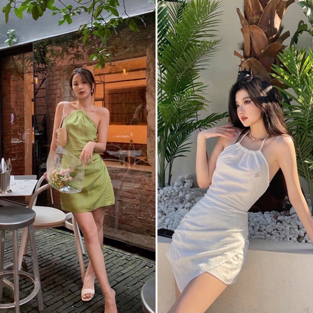 Đầm cổ yếm xanh vạt hông cực trend đi biển đi du lịch siêu hợp