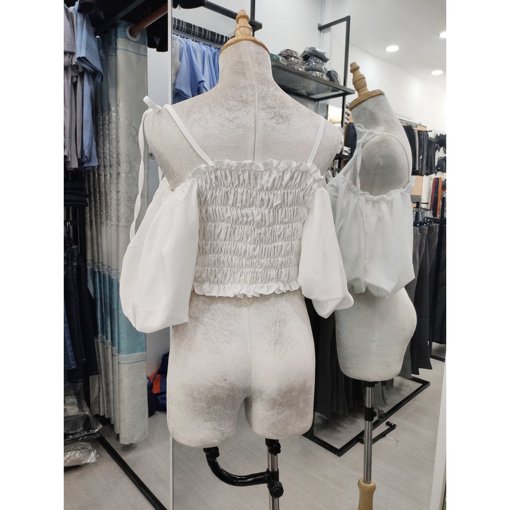 Áo Tay Phồng Dây Thắt Vai Lưng Chun (ĐEN+TRẮNG)