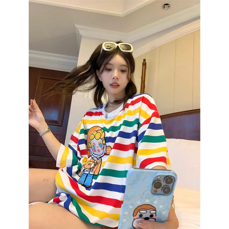 Jiashucheng Áo Thun Ngắn Tay Cổ Tròn Họa Tiết Kẻ Sọc Cầu Vồng Màu Tương Phản Thời Trang Mùa Hè Hàn Quốc 2023 Mới