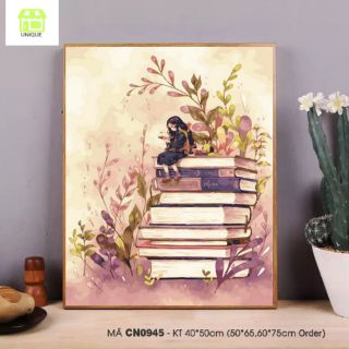 (Loại Khung dày) Tranh sơn dầu số hóa Cô Gái ngồi trên chồng sách mã CN0945