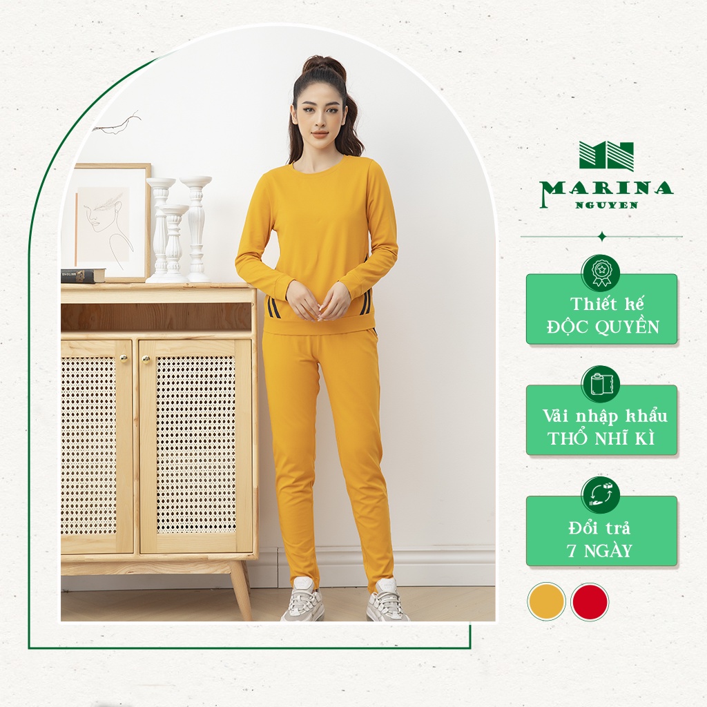 Đồ Bộ Nữ Thu Đông Dài Tay MARINA NGUYỄN Phối Kẻ Hông, Kiểu Dáng Thể Thao, Chất Cotton Mềm Mịn, Thoáng Mát - 821013