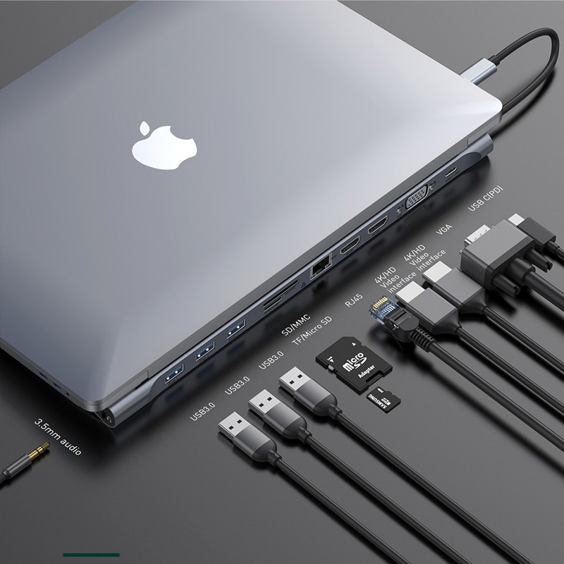 Cổng chuyển USB Type C Baseus Enjoyment Series 11 in 1 USB 3.0,HDMI,TF SD,Lan,VGA,PD 60W,3.5mm cho Macbook Laptop