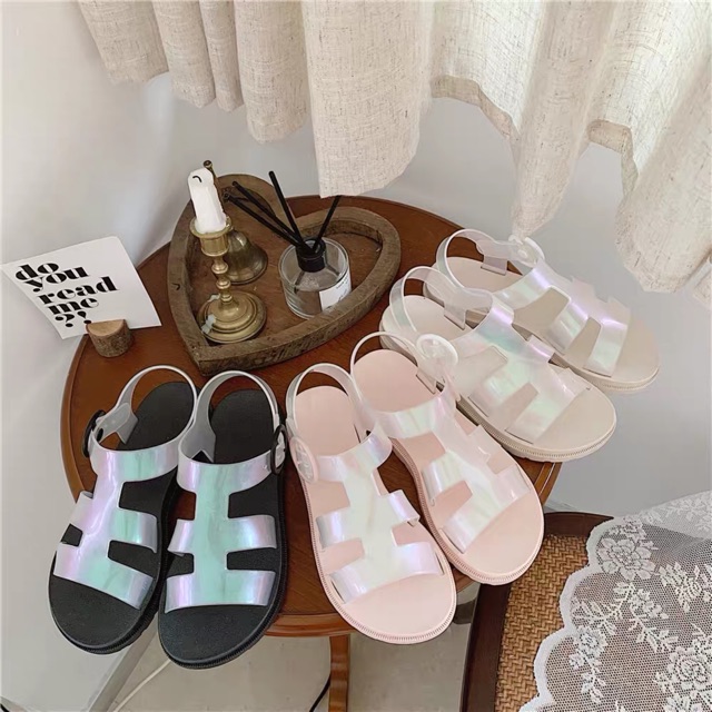 (CLIP THẬT) Dép sandal cao su quai đục ánh hologram