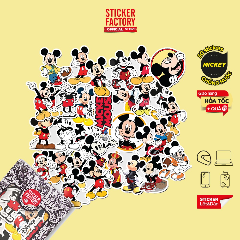 Hộp set 30 sticker decal hình dán nón bảo hiểm , laptop, xe máy, ô tô STICKER FACTORY - Mickey