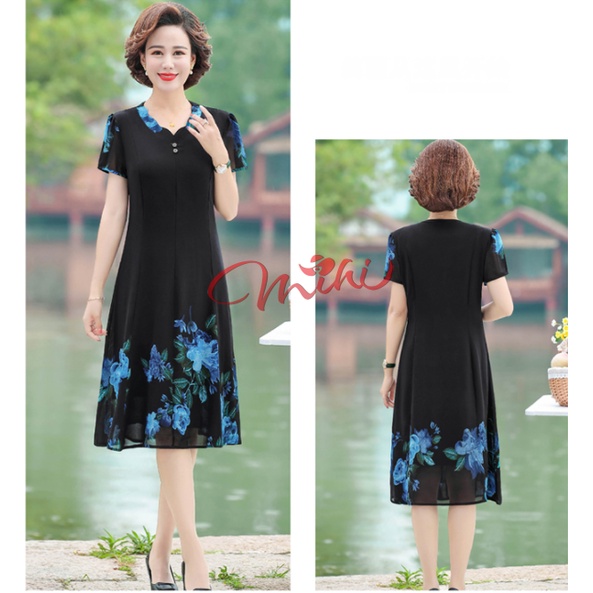 Váy Đầm trung niên nữ cho mẹ phối hoa cao cấp V81c- Áo đầm kiểu thời trang dự tiệc dạ hội đẹp cho người lớn tuổi Bigsize