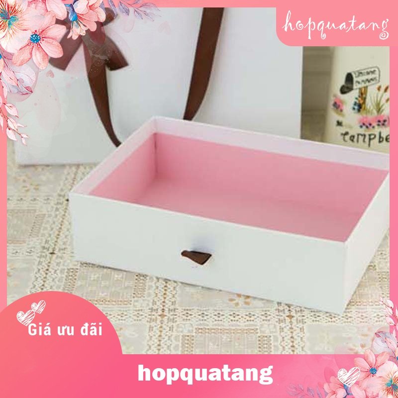 Hộp Quà Tặng Kèm Túi Màu Trắng Gắn Nơ Nâu Dạng Kéo Cao Cấp
