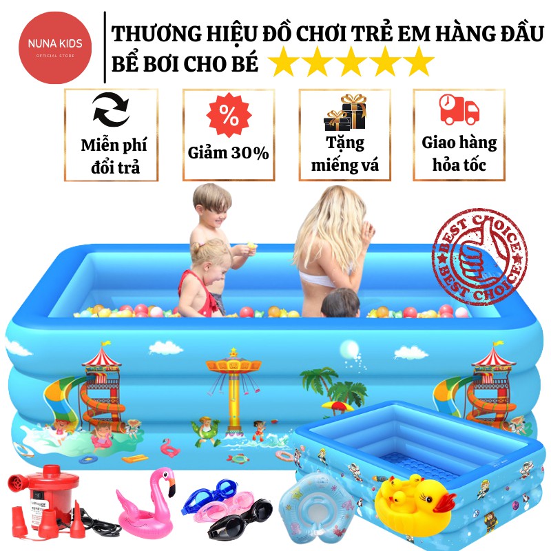 Bể bơi cho bé NUNAKIDS cao cấp đủ kích cỡ đáy chống trượt, bể bơi phao TẶNG 5 bóng, miếng vá, kèm Bơm điện Hồ bơi cho bé