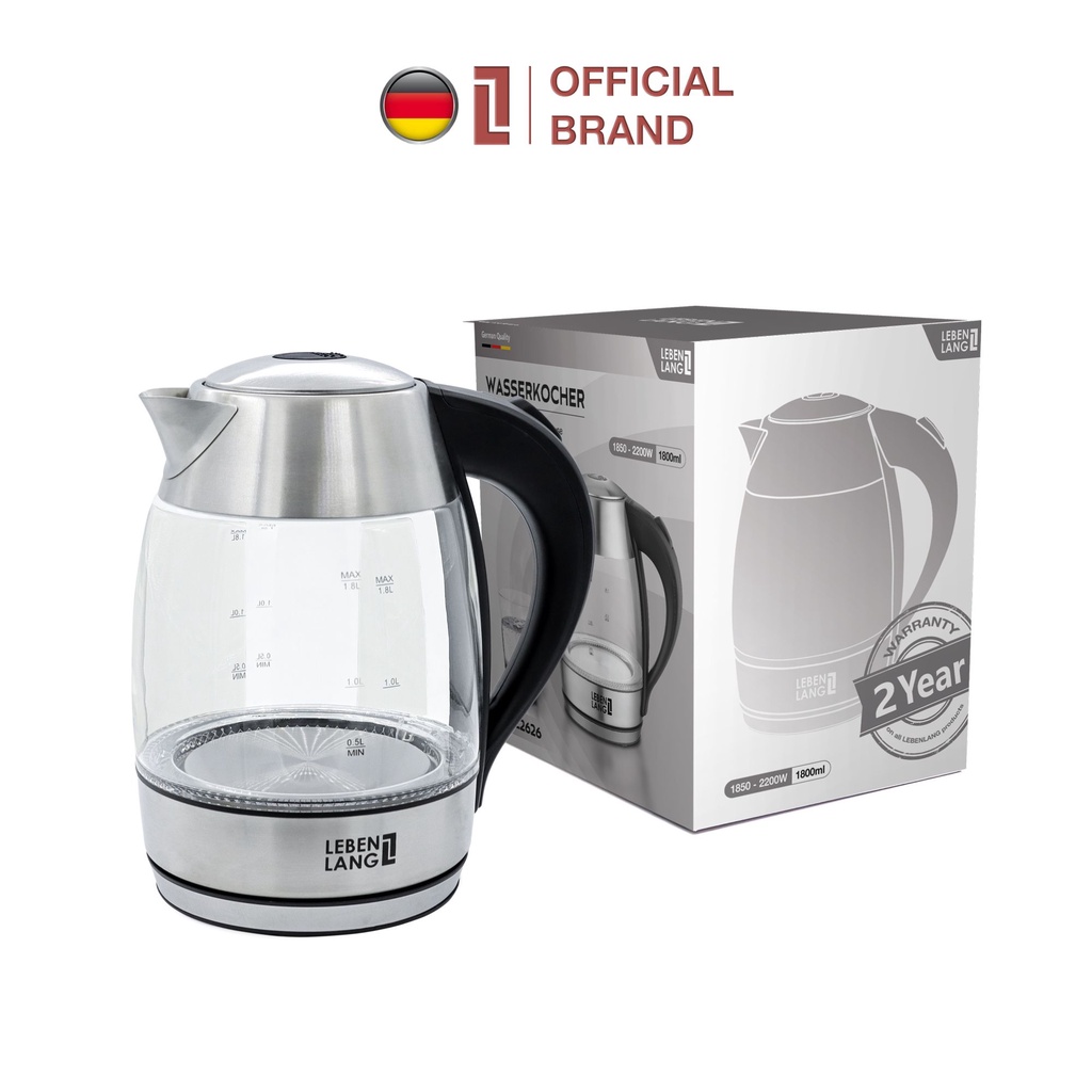 Ấm siêu tốc bình siêu tốc thủy tinh LEBENLANG LBWE2626 1.7 lít công suất 2200W bảo hành đổi trả trong 2 năm