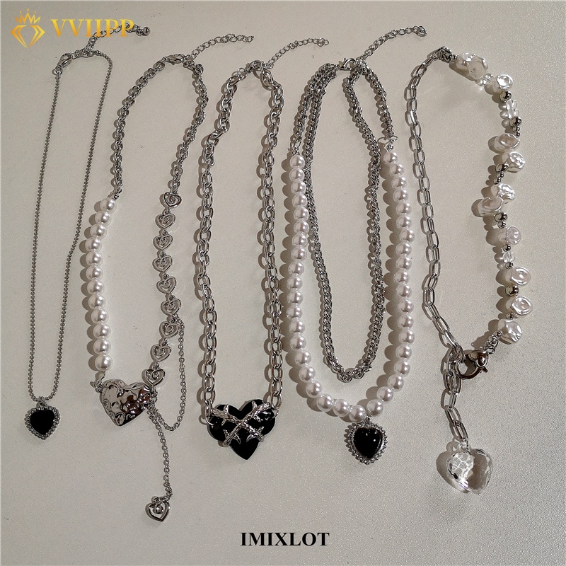 Dây chuyền mặt trái tim phối ngọc trai nhân tạo tua rua màu bạc tinh xảo phụ kiện trang sức cho phái nữ