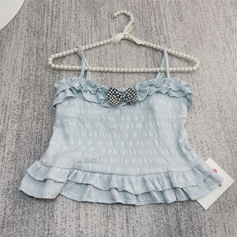 Jiashucheng Áo Hai Dây Mùa Hè Mỏng Nhẹ Màu Trơn Đính Nơ Phong Cách Nhật Bản Dễ Phối Đồ Cho Nữ