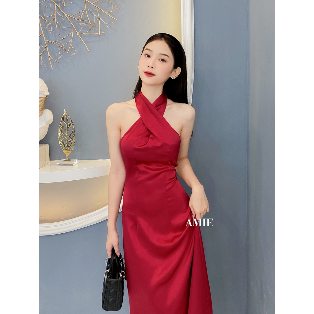 Đầm nữ AMIE thiết kế cổ chéo dáng dài thời trang cao cấp chất phi lụa sang chảnh D09