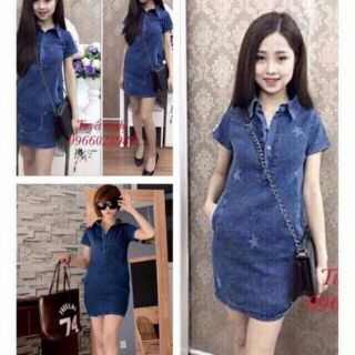 Áo đầm jean cổ sơ mi