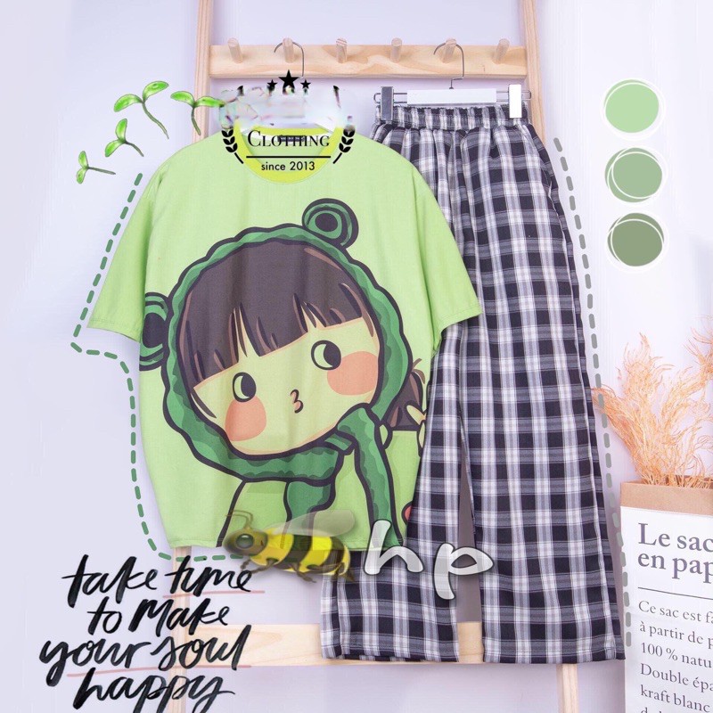 Sét áo bé gái quàng khăn xanh + quần kẻ màu TH6